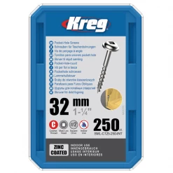 Kreg Europe Vis à Bois Tête Ronde Zinguée Et Inox Vis à Trou De Poche - Acier Galvanisé - Empreinte Carré - 8 X 32 Mm - Boîte De 250